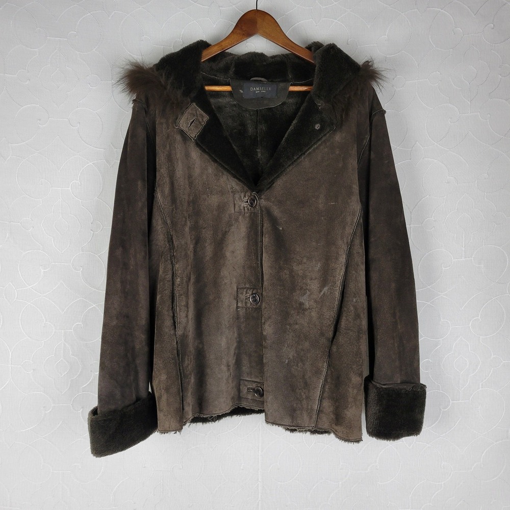 Damselle New York Leather Jacket Womens XL Brown Genuine Fur Trim Hooded